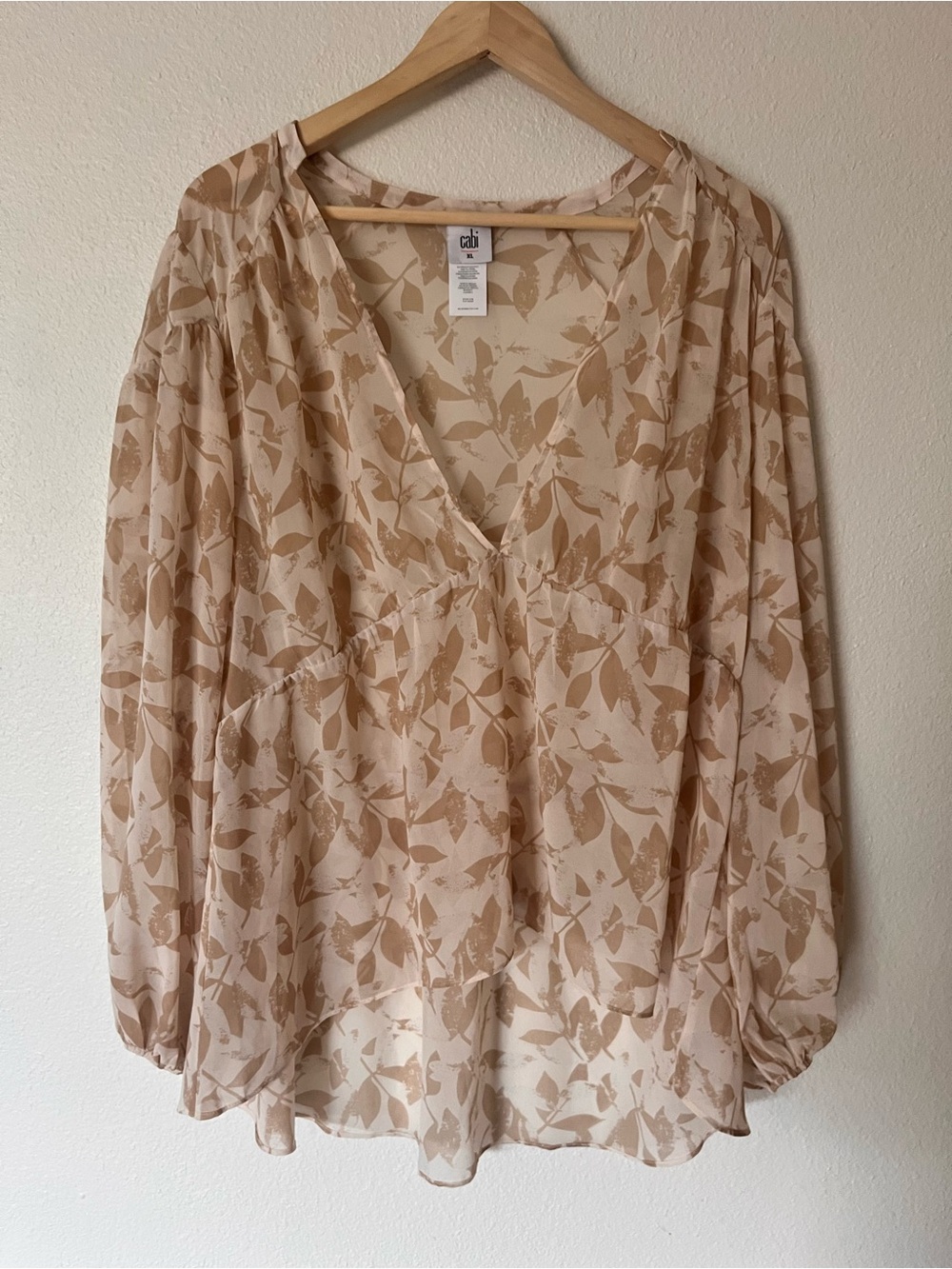 CAbi Cream and Tan Leaf-Print V-Neck Blouse